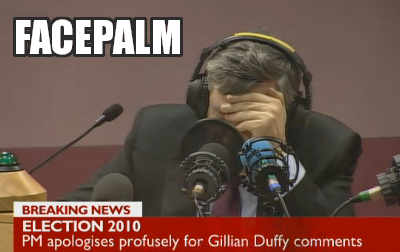 FACEPALM Gordon Brown hears his own words on tape and covers his face