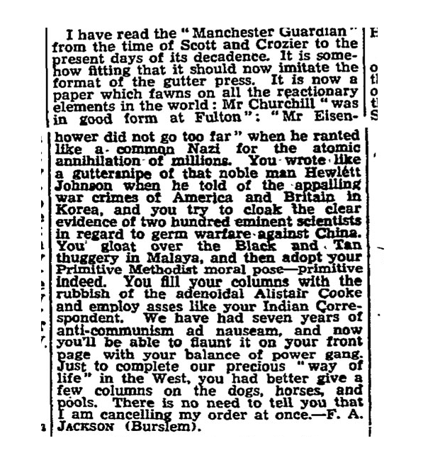 reader's letter to the Manchester Guardian 1952